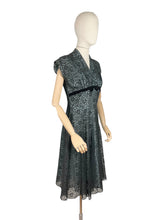 Load image into Gallery viewer, Original 1950&#39;s Ice Blue and Black Lace Cocktail Dress with Velvet Ribbon Trim - Bust 36 *
