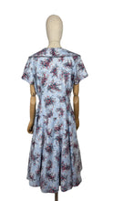 Load image into Gallery viewer, Original 1950&#39;s Floppy Blue Cotton Day Dress with Floral Sprays in Red, Yellow and White - Bust 38 40
