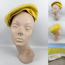 Load image into Gallery viewer, Original 1950&#39;s 1960&#39;s Bright Yellow Textured Fabric Hat with Button and Grosgrain Trim by Finley New York

