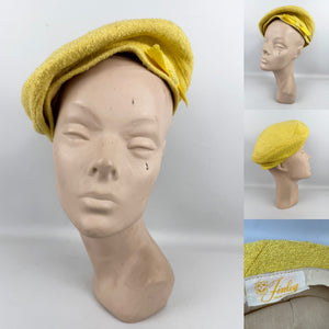 Original 1950's 1960's Bright Yellow Textured Fabric Hat with Button and Grosgrain Trim by Finley New York