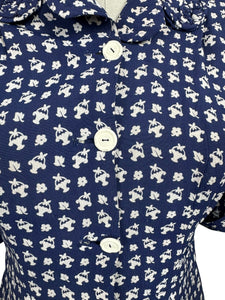 Original 1940’s Navy and White Crepe Novelty Print Jacket with Baskets and Flowers - Bust 33 34 *