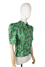 Load image into Gallery viewer, 1940&#39;s Reproduction Christmas Blouse In Green, White and Red Michael Miller Cotton &#39;Corny Cane&#39; - Bust 34&quot; 36&quot;
