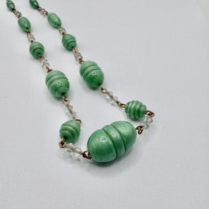 Original Art Deco Green Satin Glass Necklace with Clear Spacers