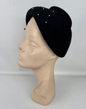 Load image into Gallery viewer, Original 1950&#39;s Inky Black Felt Hat with Faux Pearl Beads and Side Bow
