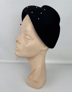 Original 1950's Inky Black Felt Hat with Faux Pearl Beads and Side Bow