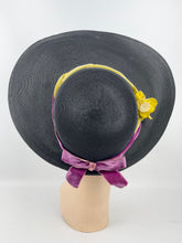 Load image into Gallery viewer, Utterly Exceptional American Made 1940s Black Straw Hat with Velvet Bow Trim in Purple, Ochre and Cerise
