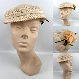 Original 1950's Cream Lacquered Raffia Hat with Pretty Apricot Rose Trim