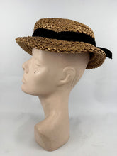 Load image into Gallery viewer, Wounded but Wearable Original 1940's 1950's Natural Straw Sunhat with Soft Black Velvet Ribbon Trim
