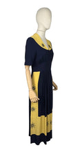 Load image into Gallery viewer, Stunning Original 1940's Navy and Butter Yellow Colour Block Crepe Dress with Floral Embroidery - Bust 34 35 *
