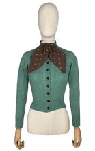 Load image into Gallery viewer, 1930&#39;s Reproduction Hand Knitted Long Sleeved Cardigan with Bow Trim and Spotted Belt in Green and Brown - Bust 32 34
