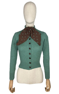 1930's Reproduction Hand Knitted Long Sleeved Cardigan with Bow Trim and Spotted Belt in Green and Brown - Bust 32 34