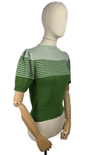 Load image into Gallery viewer, Reproduction 1940&#39;s Striped Jumper in Turtle Green and Pale Sage Green Pure Wool with Full Puff Sleeves - Bust 34 36
