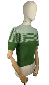 Reproduction 1940's Striped Jumper in Turtle Green and Pale Sage Green Pure Wool with Full Puff Sleeves - Bust 34 36