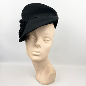 Original 1940's Black Felt Hat with Pleated Crown and Triple Pom-pom Trim *