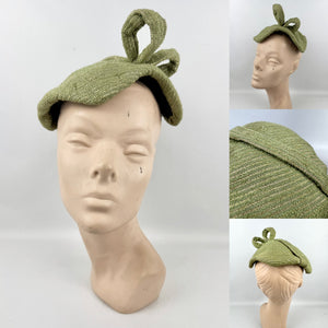 Original 1950's Green and Gold Stripe Textured Fabric Hat with Loop Trim