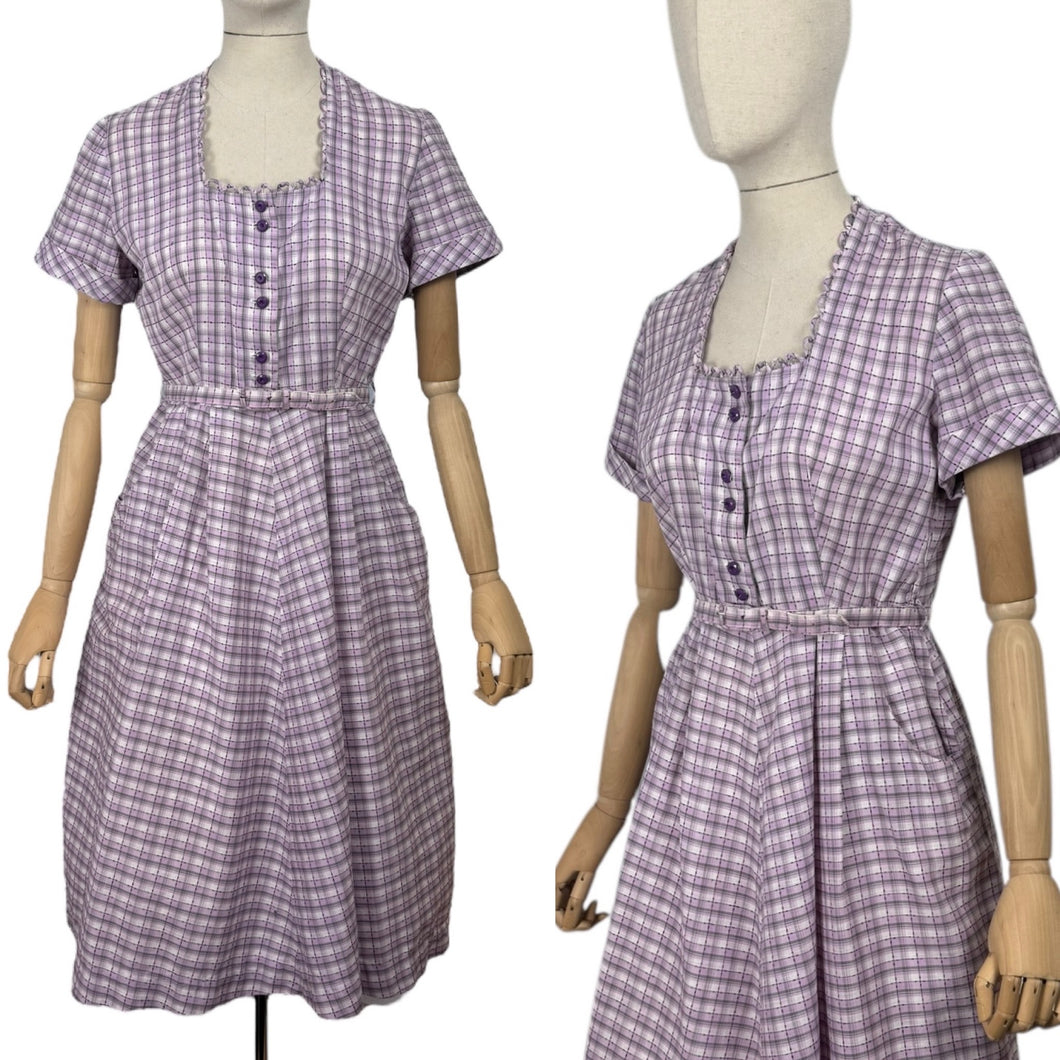 Original 1950's Lilac, Black, White and Grey Belted Check Dress by Roxanne Adams - Bust 38