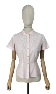 Original 1950's Baby Pink Fine Cotton Blouse with White Embroidery - Bust 36 *
