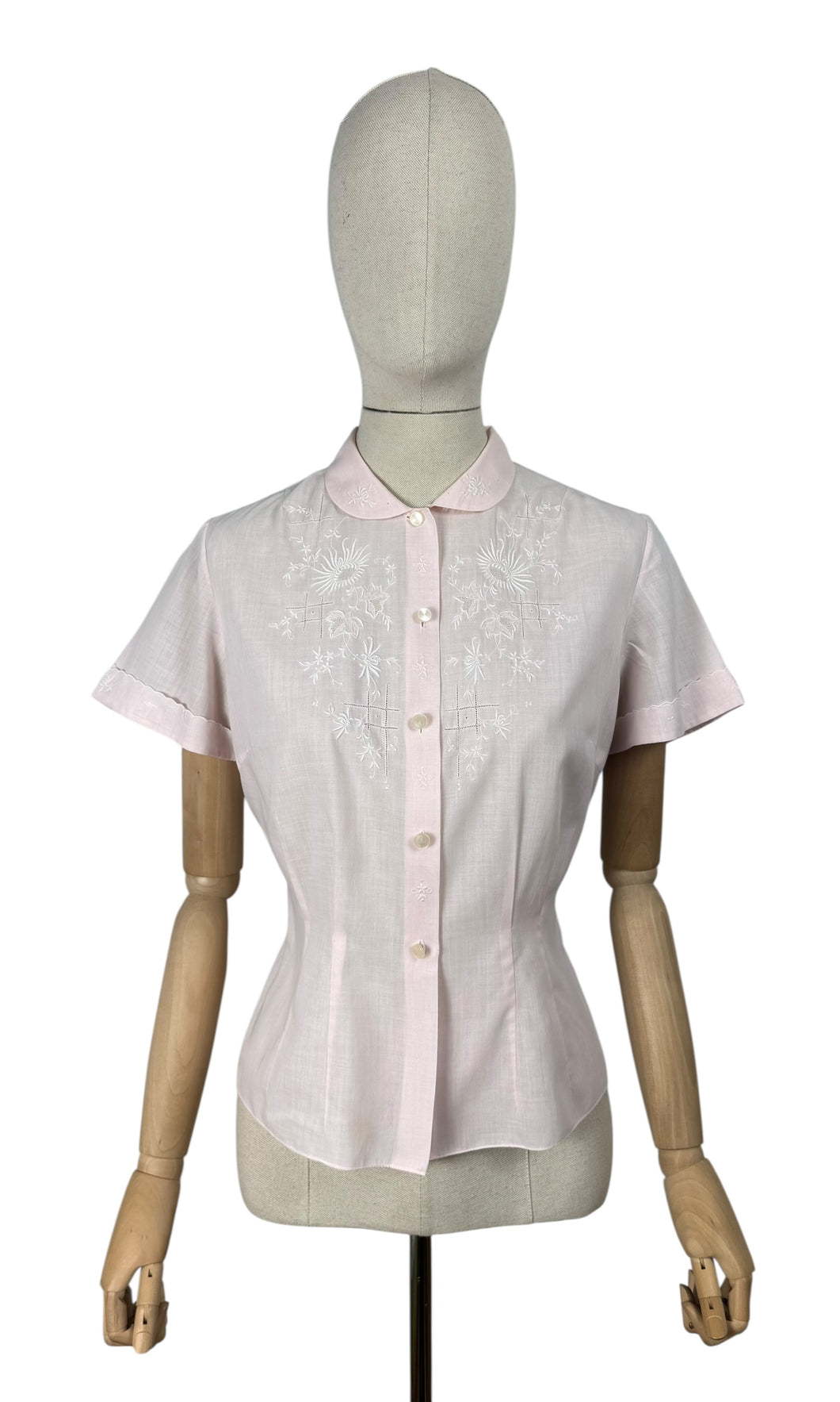 Original 1950's Baby Pink Fine Cotton Blouse with White Embroidery - Bust 36 *