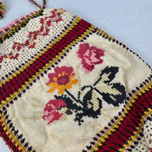 Antique Edwardian Crochet Drawstring Bag with Embroidered Floral Panels