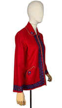 Load image into Gallery viewer, Original 1950&#39;s Red Felt Jacket Embroidered with Leaves in Blue and White - Bust 34 36
