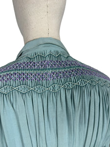 Stunning Original 1930's Blue Cotton Blouse with Heavy Smocking Detail - Bust 36 38