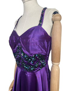 Original 1950's Purple Satin Evening Dress with Beautiful Sequin Detail - Bust 40 *