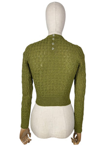 Reproduction 1930's Hand Knitted Long Sleeved Jumper in Lily Pad Green - Bust 32 34