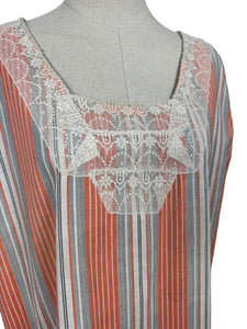 Original 1920's Volup Stripe Cotton and Lace Dress in White, Black and Orange - Bust 46