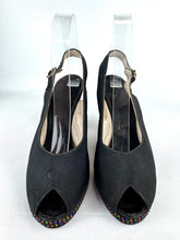 Load image into Gallery viewer, Original 1940's Inky Black Crepe Platform Evening Shoes with Paste Detail in Red, Blue, Yellow and Green - UK 4 *
