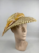 Load image into Gallery viewer, Original Late 1940's or Early 1950's Walter Florell Raffia Hat in Yellow with Velvet Ribbon Trim *
