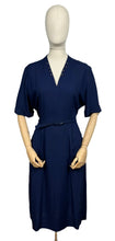 Load image into Gallery viewer, Original 1950&#39;s Dark Blue Moygashel Linen Classic Belted Day Dress by Rembrandt - Great Button Detail - Bust 38 *
