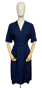 Original 1950's Dark Blue Moygashel Linen Classic Belted Day Dress by Rembrandt - Great Button Detail - Bust 38 *