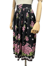 Load image into Gallery viewer, Original 1950&#39;s Floral Border Print Skirt in Black, Pink, White and Green Featuring Violets - Waist 24&quot; *
