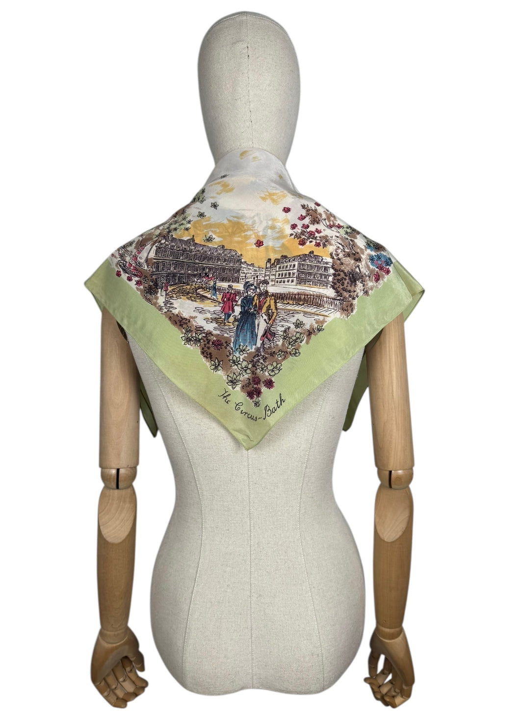 Original 1940's 1950's Pistachio Green Crepe Tourist Scarf for Bath and Brighton - Great Headscarf