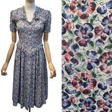 Load image into Gallery viewer, Original 1930's Floral Crepe Day Dress in Blue, Red and Green with Frill Trim - Bust 34

