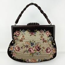 Load image into Gallery viewer, Original 1930’s 1940’s Large Wool Work Embroidered Bag with Leather Handle - Beautiful Vintage Handbag
