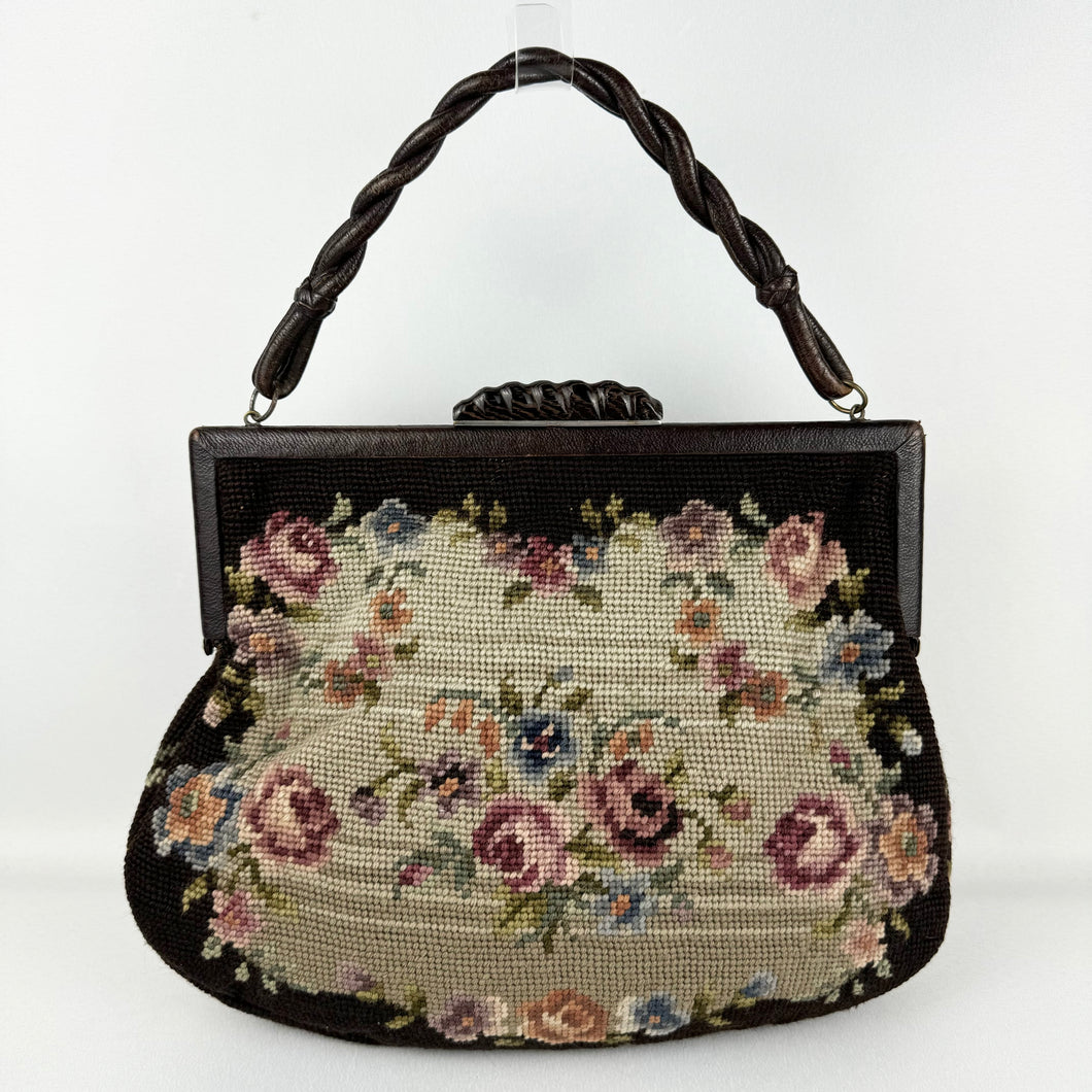Original 1930’s 1940’s Large Wool Work Embroidered Bag with Leather Handle - Beautiful Vintage Handbag