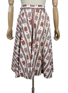 Original 1950's Full Circle Skirt in Abstract Print of Pink, Red, Mustard and Grey on White - Waist 27"