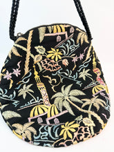 Load image into Gallery viewer, Original 1920&#39;s Black Cotton Bag with Vibrant Silk Embroidery of Flowers, Palm Trees and Buildings *
