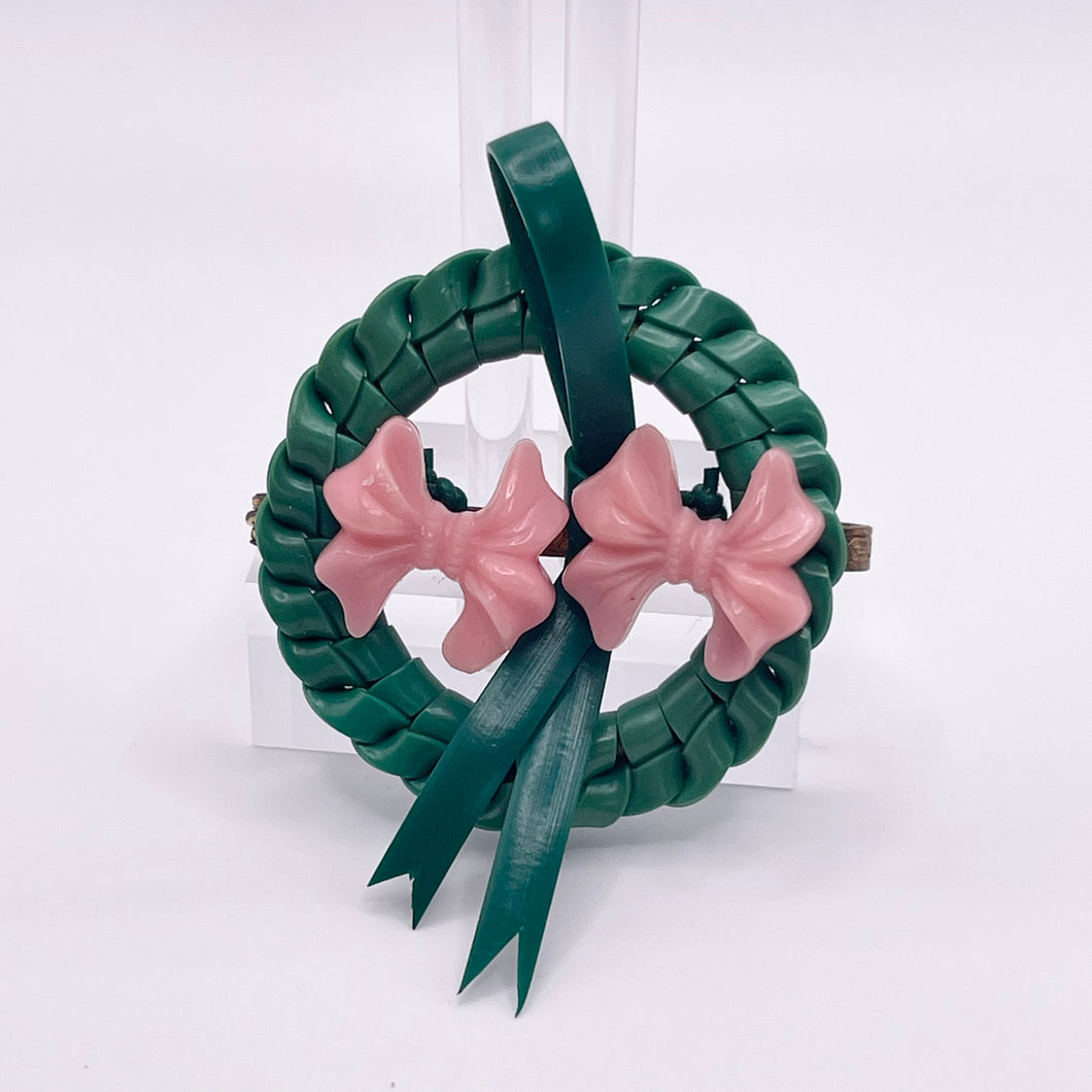 Original 1940's Green and Pink Wartime Make Do and Mend Wire Brooch with Double Bow Trim