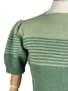 Reproduction 1940's Striped Jumper in Pistachio and Mid Green with Full Puff Sleeves - Bust 36 38 *
