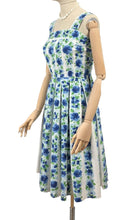 Load image into Gallery viewer, Original 1950&#39;s White and Blue Floral Stripe Cotton Dress Made in France - Bust 34 35 *
