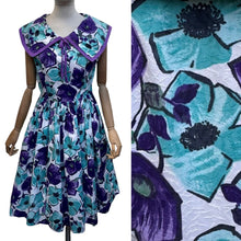 Load image into Gallery viewer, Original 1950's Vibrant Cotton Day Dress in Purple, Blue and White - Bust 36
