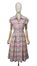 Load image into Gallery viewer, Original Late 1940&#39;s Ritchwear Floral Cotton Stripe Day Dress in White, Black, Pink, Yellow and Blue - Bust 37
