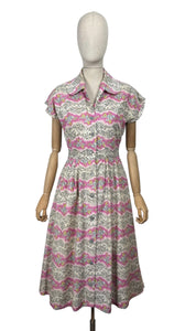 Original Late 1940's Ritchwear Floral Cotton Stripe Day Dress in White, Black, Pink, Yellow and Blue - Bust 37