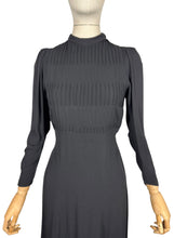 Load image into Gallery viewer, Original 1930's Black Satin Back Crepe Long Sleeved Day Dress with Pin-tuck Detail - Bust 32
