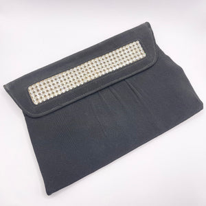 Original 1950's Black Crepe Clutch Bag with Clear Claw Set Paste Trim by RFC *
