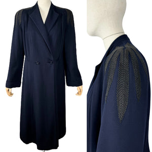 Original 1940's Navy Blue Medium Weight Wool Coat with Soutache Detail - Bust 38 40