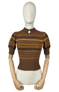 Reproduction 1930's Brown Hand Knitted Alpaca Wool Stripe Jumper with Puff Sleeves and Double Button Fastening - Bust 32