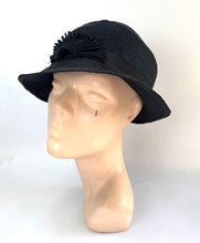 Load image into Gallery viewer, Original 1920's 1930's Black Straw Hat with Pleated Black Grosgrain Trim *
